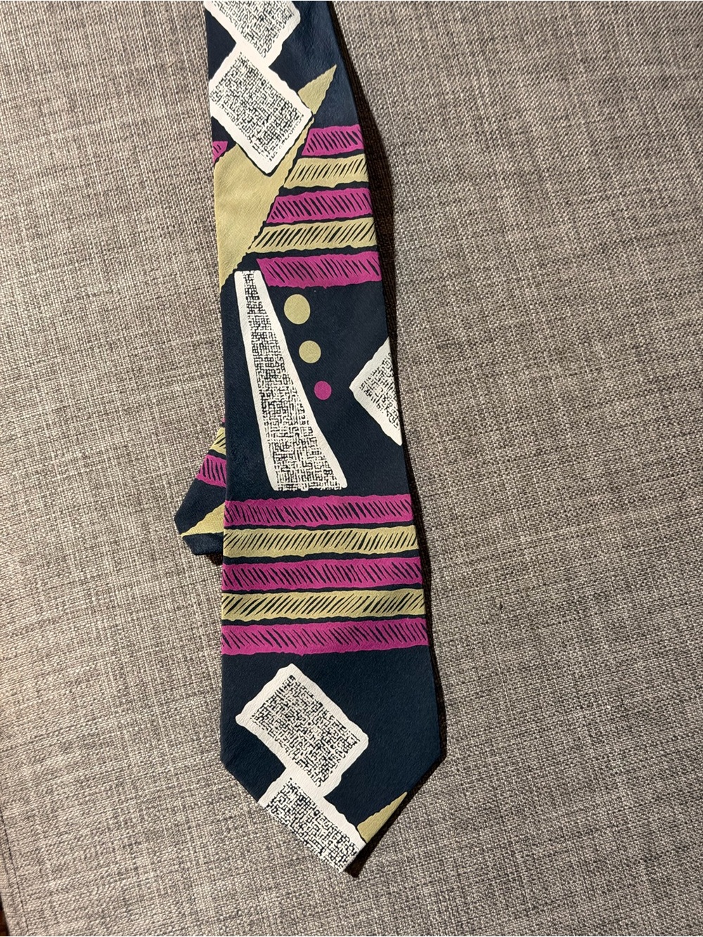 Fendi Navy Silk Tie with Pink & Gold Geometric Accents